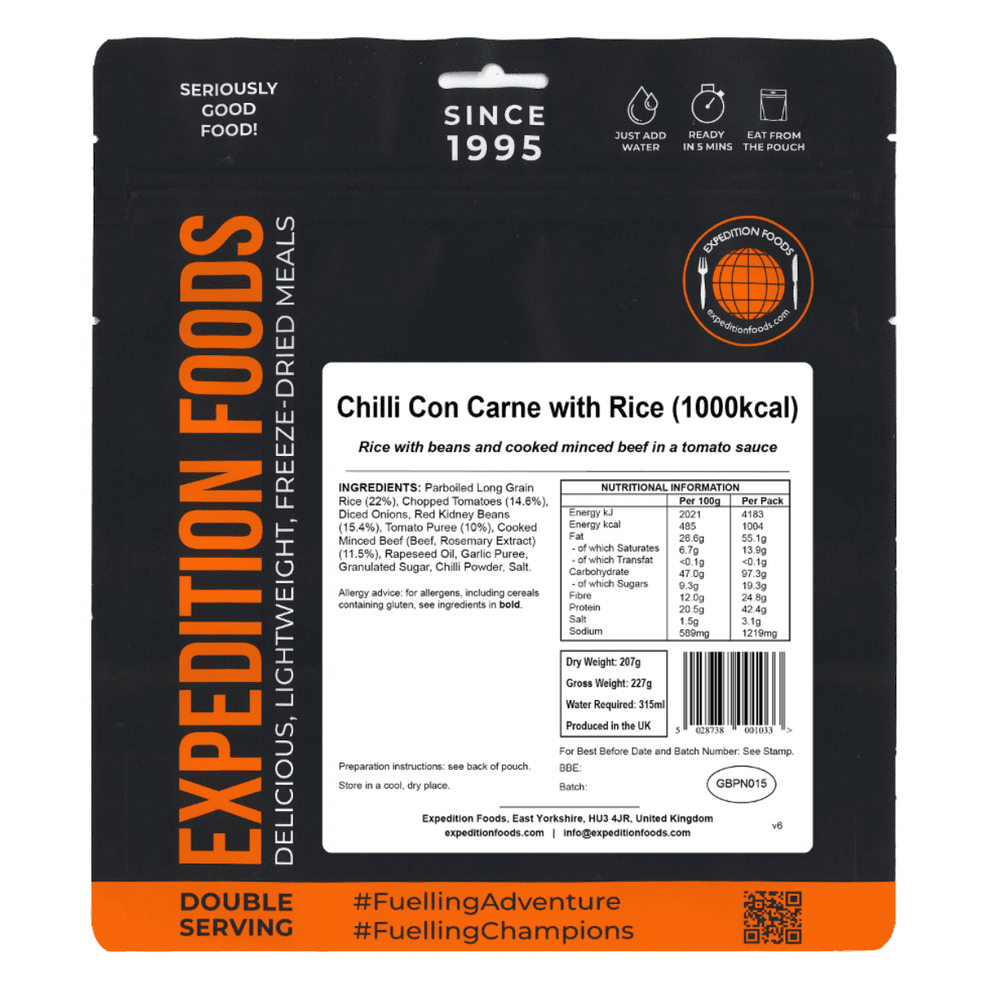 Expedition Foods Freeze Dried Meal Pouch - Chilli Con Carne With Rice - Various Sizes