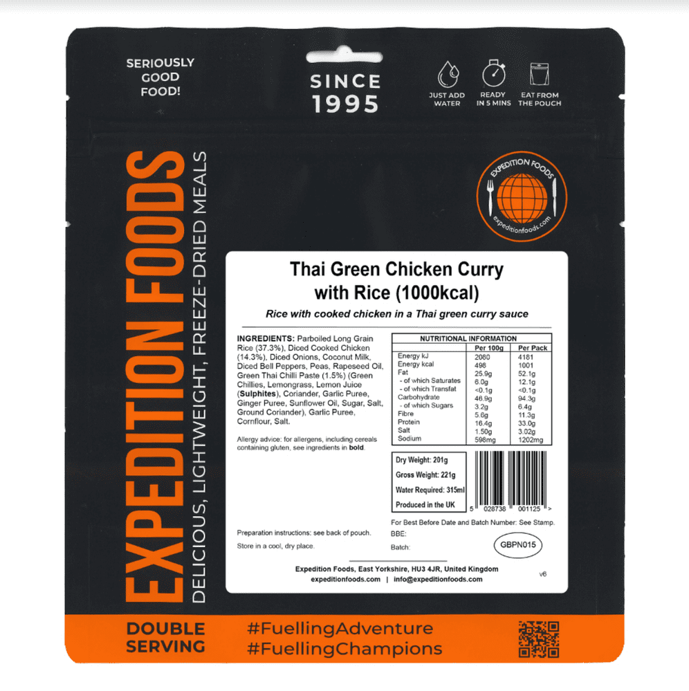 Expedition Foods Freeze Dried Meal Pouch - Thai Green Chicken Curry With Rice - Various Sizes